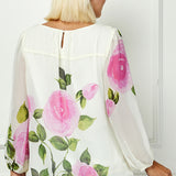 Long Sleeve Pleat Neck Placement Print Bubble Blouse in Ivory - Plus