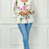 Long Sleeve Pleat Neck Placement Print Bubble Blouse in Ivory - Plus