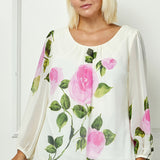 Long Sleeve Pleat Neck Placement Print Bubble Blouse in Ivory - Plus
