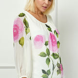 Long Sleeve Pleat Neck Placement Print Bubble Blouse in Ivory - Plus