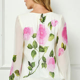 Long Sleeve Pleat Neck Placement Print Bubble Blouse in Ivory