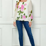 Long Sleeve Pleat Neck Placement Print Bubble Blouse in Ivory