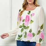 Long Sleeve Pleat Neck Placement Print Bubble Blouse in Ivory
