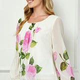 Long Sleeve Pleat Neck Placement Print Bubble Blouse in Ivory
