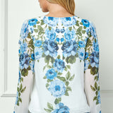 Long Elastic Cuff Sleeve V-Neck Placement Print Bubble Blouse
