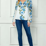 Long Elastic Cuff Sleeve V-Neck Placement Print Bubble Blouse