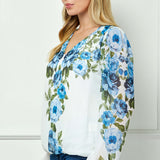 Long Elastic Cuff Sleeve V-Neck Placement Print Bubble Blouse