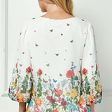 3/4 Puff Sleeve Cutout Neck Border Print Bubble Blouse
