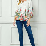 3/4 Puff Sleeve Cutout Neck Border Print Bubble Blouse