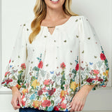 3/4 Puff Sleeve Cutout Neck Border Print Bubble Blouse