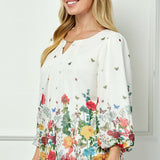 3/4 Puff Sleeve Cutout Neck Border Print Bubble Blouse