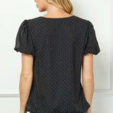 Short Puff Sleeve Cutout Neck Bubble Blouse in Black