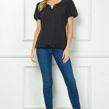 Short Puff Sleeve Cutout Neck Bubble Blouse in Black