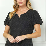 Short Puff Sleeve Cutout Neck Bubble Blouse in Black