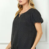 Short Puff Sleeve Cutout Neck Bubble Blouse in Black