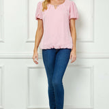 Short Puff Sleeve Cutout Neck Bubble Blouse in Pink