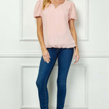 Short Puff Sleeve Cutout Neck Bubble Blouse in Peach