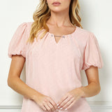 Short Puff Sleeve Cutout Neck Bubble Blouse in Peach