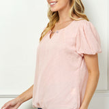 Short Puff Sleeve Cutout Neck Bubble Blouse in Peach