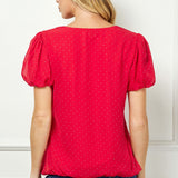 Short Puff Sleeve Cutout Neck Bubble Blouse in Red