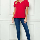 Short Puff Sleeve Cutout Neck Bubble Blouse in Red