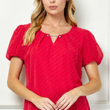 Short Puff Sleeve Cutout Neck Bubble Blouse in Red