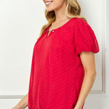 Short Puff Sleeve Cutout Neck Bubble Blouse in Red