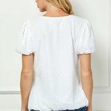 Short Puff Sleeve Cutout Neck Bubble Blouse in White