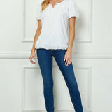 Short Puff Sleeve Cutout Neck Bubble Blouse in White