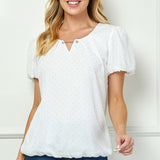 Short Puff Sleeve Cutout Neck Bubble Blouse in White