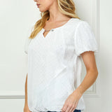 Short Puff Sleeve Cutout Neck Bubble Blouse in White