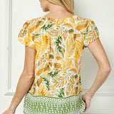 Flutter Sleeve Beaded Tie-Neck Print Blouse in Cream/Rust/Sage