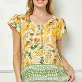 Flutter Sleeve Beaded Tie-Neck Print Blouse in Cream/Rust/Sage