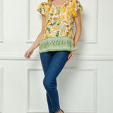 Flutter Sleeve Beaded Tie-Neck Print Blouse in Cream/Rust/Sage