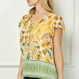 Flutter Sleeve Beaded Tie-Neck Print Blouse in Cream/Rust/Sage