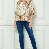 Dolman Sleeve Elastic Waist Popover Blouse in Cream/Rust/Olive
