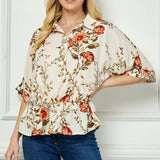 Dolman Sleeve Elastic Waist Popover Blouse in Cream/Rust/Olive