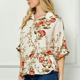Dolman Sleeve Elastic Waist Popover Blouse in Cream/Rust/Olive