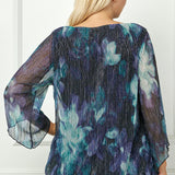 3/4 Flare Sleeve Cutout Neck Bubble Blouse in Blue - Plus