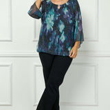 3/4 Flare Sleeve Cutout Neck Bubble Blouse in Blue - Plus