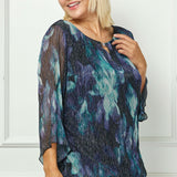 3/4 Flare Sleeve Cutout Neck Bubble Blouse in Blue - Plus