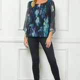 3/4 Flare Sleeve Cutout Neck Bubble Blouse in Blue