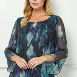 3/4 Flare Sleeve Cutout Neck Bubble Blouse in Blue