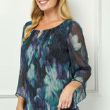 3/4 Flare Sleeve Cutout Neck Bubble Blouse in Blue