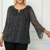 3/4 Flare Sleeve Cutout Neck Bubble Blouse in Black - Plus