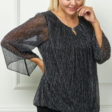 3/4 Flare Sleeve Cutout Neck Bubble Blouse in Black - Plus
