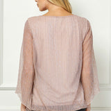 3/4 Flare Sleeve Cutout Neck Bubble Blouse - Pink