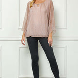 3/4 Flare Sleeve Cutout Neck Bubble Blouse - Pink
