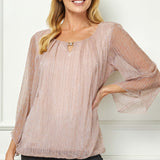 3/4 Flare Sleeve Cutout Neck Bubble Blouse - Pink