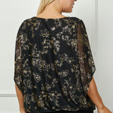 Elbow Sleeve Poncho Necklace Bubble Blouse - Black - Plus